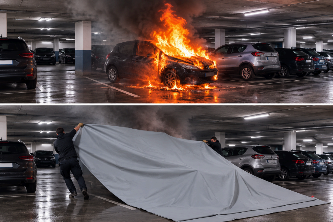 Déploiement d’une bâche anti-feu sur un véhicule en feu dans un parking couvert